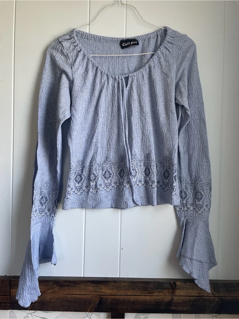 Vintage Light Blue Printed Peasant Blouse